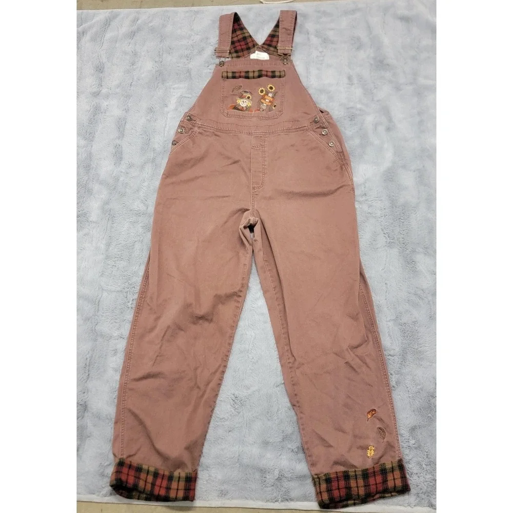 Vintage Mandal Bay Overalls Womens XL Brown Happy Harvest Scarecrow Fall Plaid - Picture 1 of 16